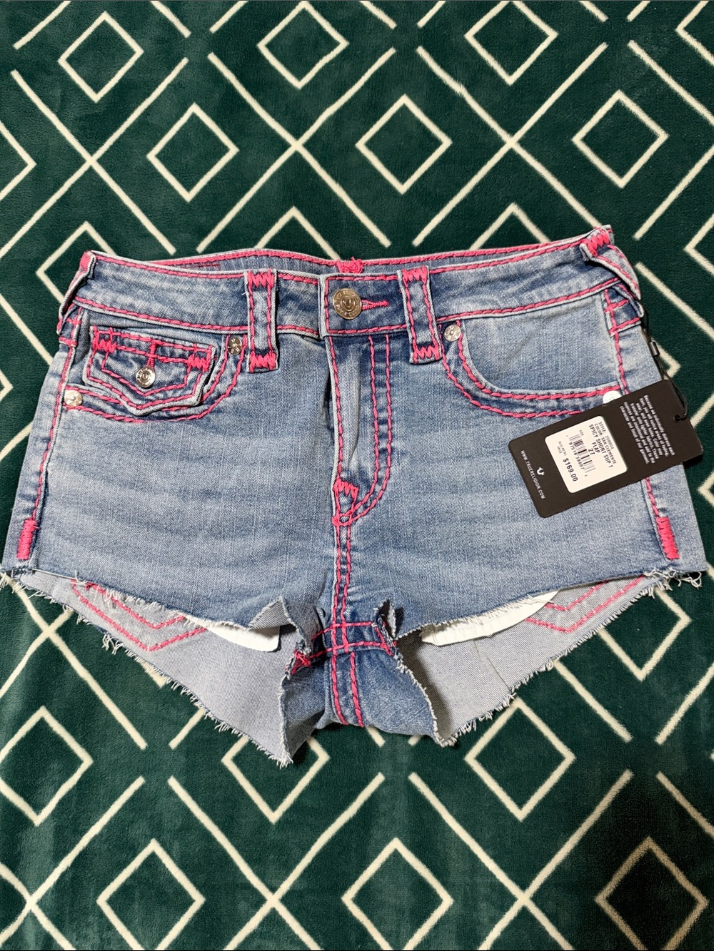 True Religion Light Blue Denim Shorts with Pink Stitching
